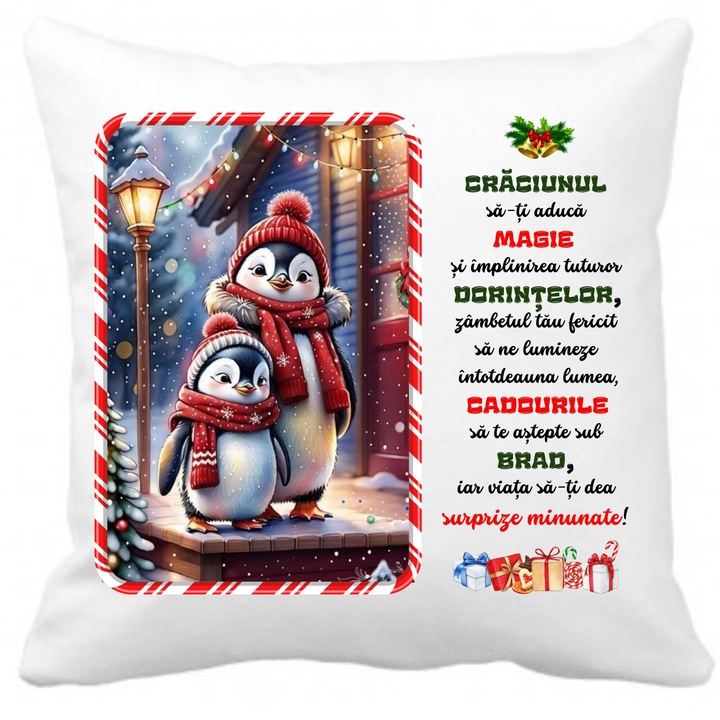 Perna personalizata de Craciun, cu husa detasabila, cu fermoar, 40x40 cm