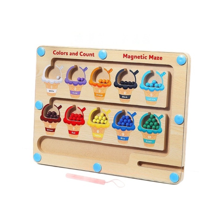 Montessori oktatójáték, Mágneses labirintus játék, QIAN CHOICE, Finommotorikus készségeket fejleszt, Szem-kéz koordináció, Fagylalt téma