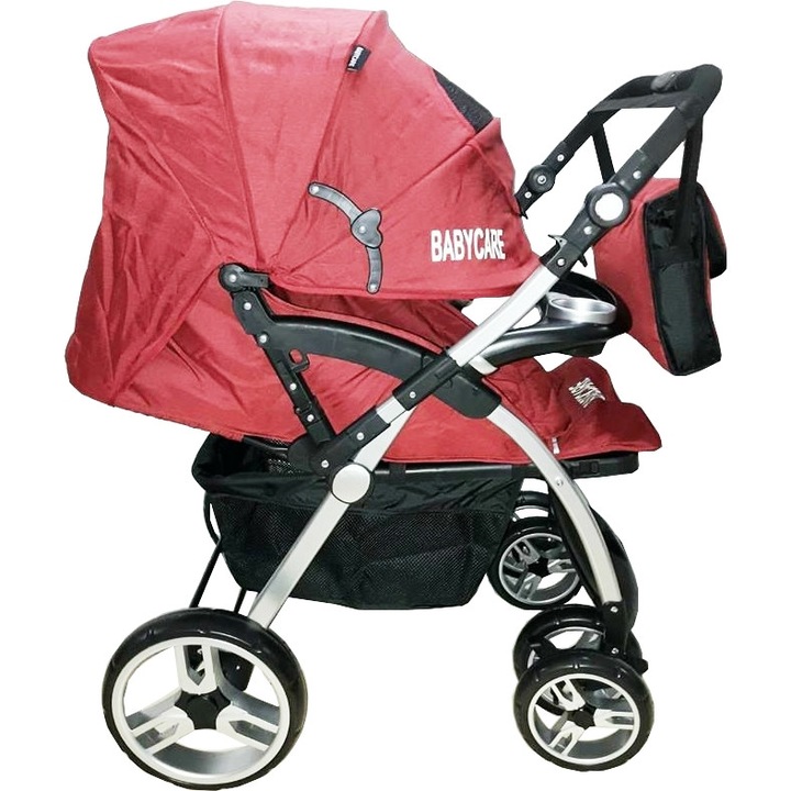 Количка за новородени 2 в 1 Baby Care PRO FK 8600 с включена чанта за бебе, Обръщаща се дръжка, 3-степенна регулируема облегалка, Landou, Алуминиева рамка, Крачна спирачка, Колела с лагери, Червена