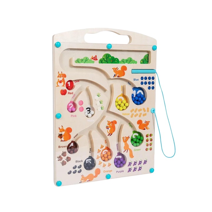 Montessori oktatójáték, Mágneses labirintus játék, QIAN CHOICE, Finommotorikus készségeket fejleszt, Szem-kéz koordináció, Mókus téma