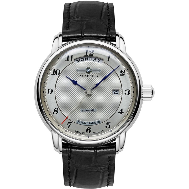 Ceas Zeppelin barbati automat, 40mm, curea piele neagra, cadran argintiu, rezistent la apa 50m