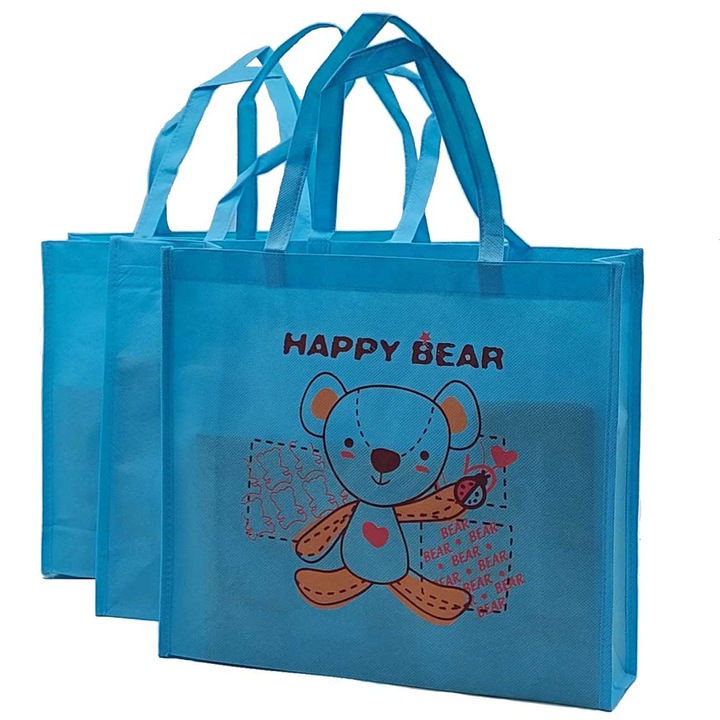 Set 3 sacose shopping textil, albastru, diverse grafici