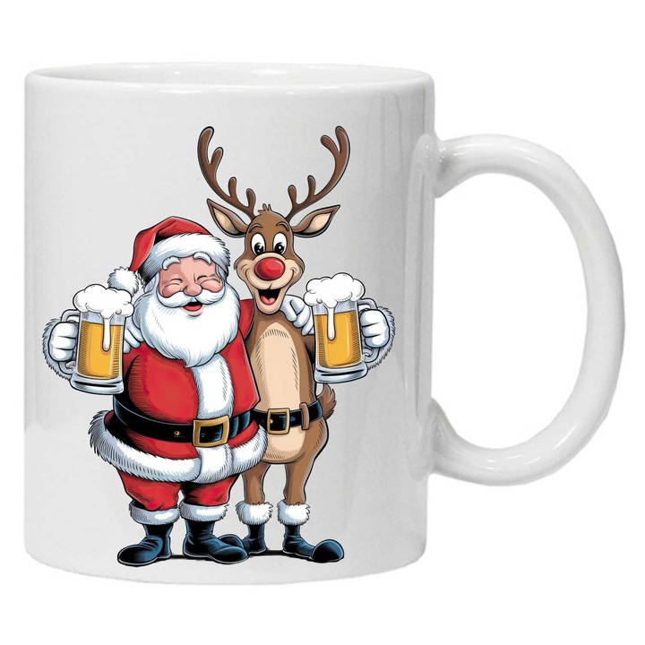 Cana personalizata cu imprimeu "MOS CRACIUN haios", model 3, Alb, Ceramica, 330 ml, CRD PRINT