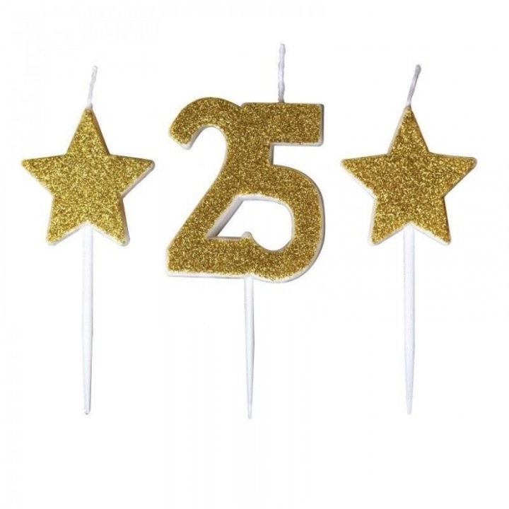 Set lumanari de aniversare Cifra 25 cu stele, GoParty, auriu