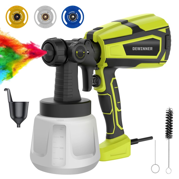 Pistol vopsit electric cu fir, DEWINNER, 1000ml/min, 600W, 3 Moduri pulverizare cu duze de 3 duza vopsele (1.5/2.0/2.5mm), pentru Industrial, vopsea