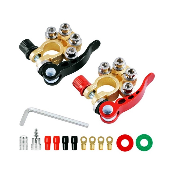Set de Conectori pentru Baterie Auto QELIRA® Profesional, cu Patru Terminale si Cleme cu Eliberare Rapida, Inclusiv Cheie Hexagonala, 2 Saibe Anticoroziune, 290g, din Cupru