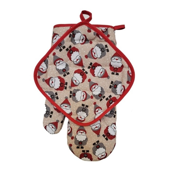Antbro® konyhai kesztyű szett hőálló alátéttel, pamut/poliészter, Mikulás mintás, 27x17 cm