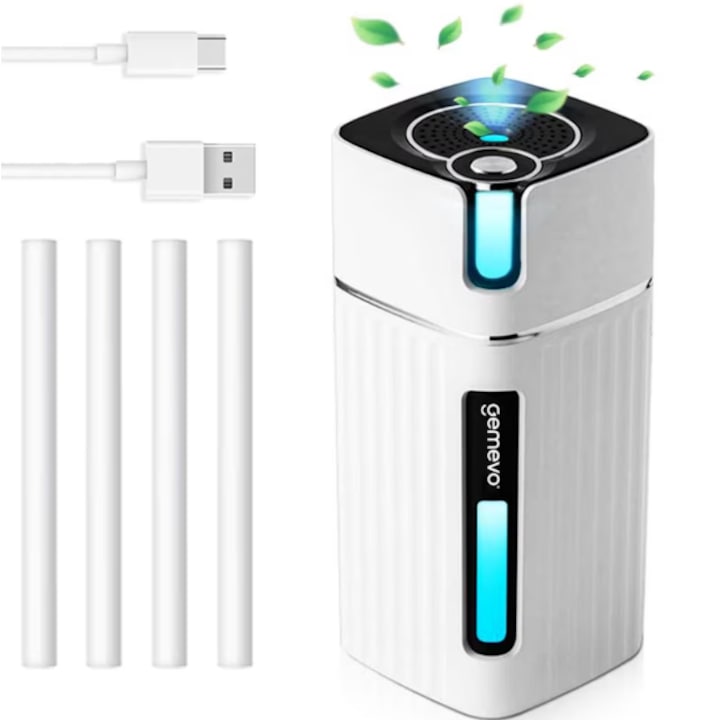 Ultrahangos légpárásító aromaterápiás diffúzorral otthoni, irodai és autós használatra, fehér