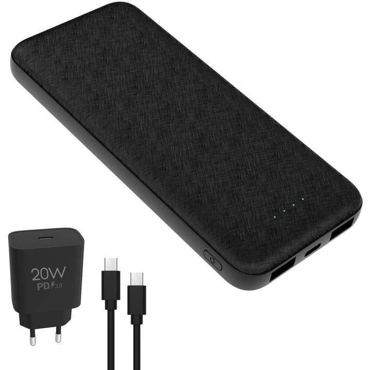 Set baterie externa Platinet 10000 mAh + adaptor retea + cablu USB-C, negru