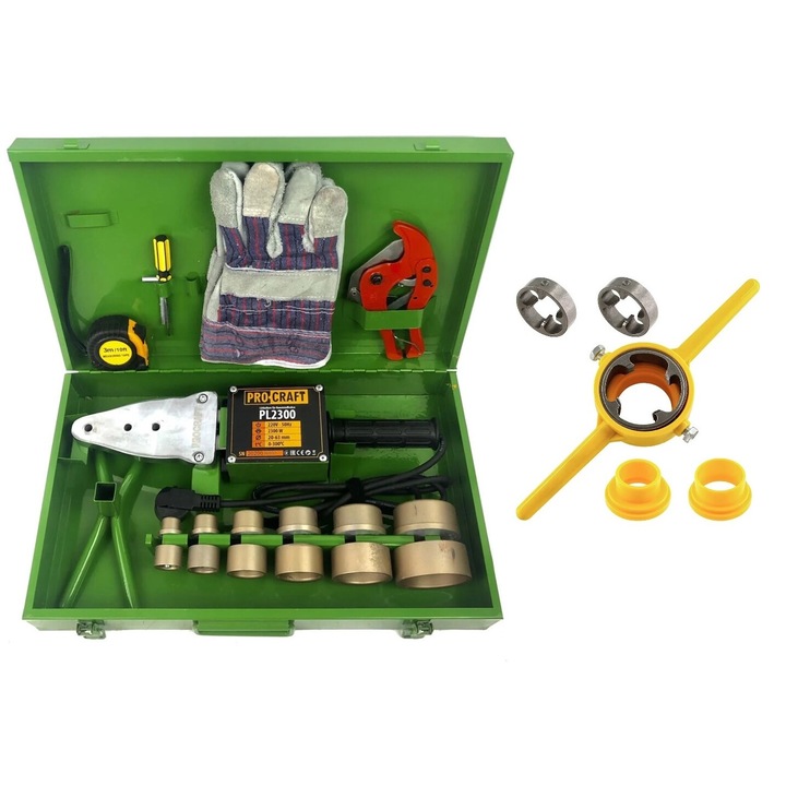 Trusa sudura pentru lipire tevi si fitinguri PPR, Procraft PL1600, 20 - 63 mm, 800 W + Set de filetare tevi PVC, 1/2-3/4-1