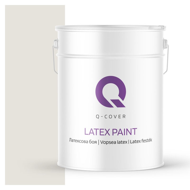 Vopsea latex, Q-Cover, Alb cu tenta de gri H1276, pentru interior, pe baza de apa, galeti de fier, usor de aplicat, rezistent la frecare, elimina reflexiile luminii, sigura pentru persoanele alergice, fara miros, tixotropa, Mat, 10L