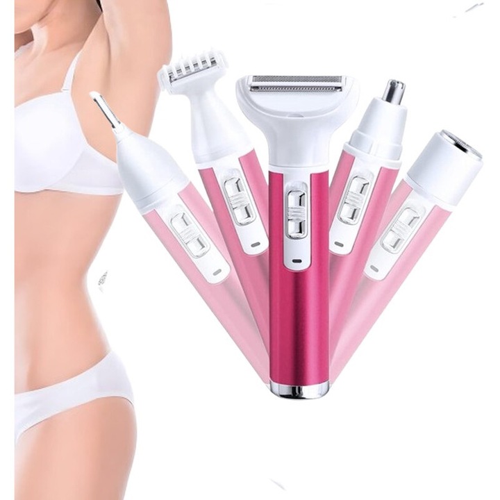 Epilator electric 5 in 1 pentru femei, taietor bikini, rosu, utilizare umeda si uscata