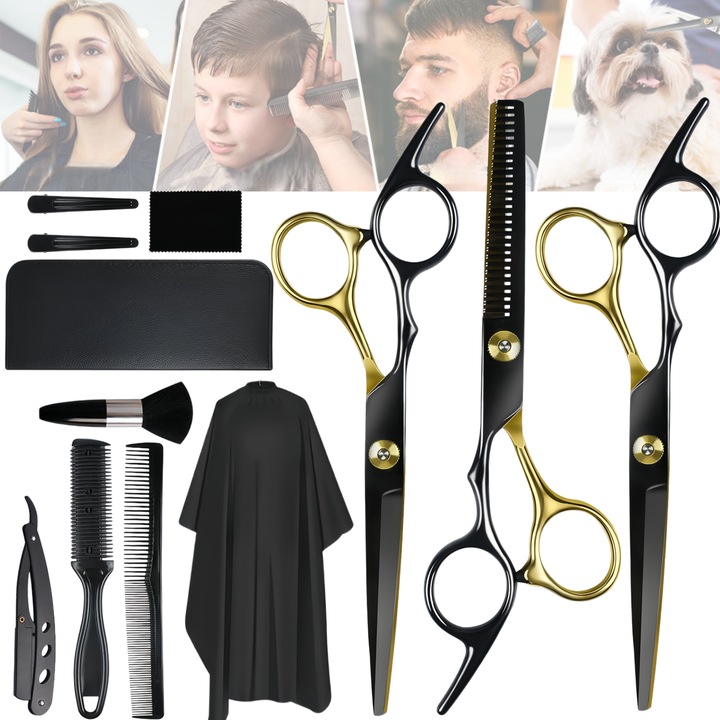 Set foarfeca de tuns si filat 12 pies RorAem, Set Inox cu Pieptene, Foarfece, Pelerina, husa depozitare, clipsuri metal, brici clasic de ras, pentru frizerie, salon sau coafor, Negru-Auriu