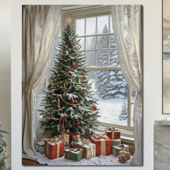 Премиум картина върху платно, LuxCanva® D1004, Коледна елха, 100 X 135 СМ, 100% памучно платно 400 г/м2, дървена рамка, Релаксация, Семейство, Празници, Хол, Глобуси, Ярки цветове