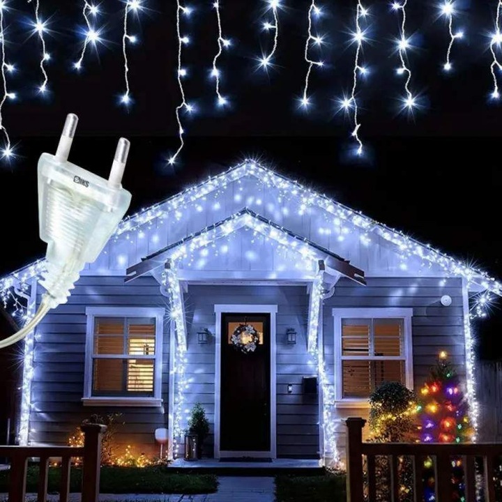 Instalatie Craciun Turturi SIKS, Ghirlanda Curgatoare, 12 m, 300 LED-uri, 8 Jocuri de Lumini, Franjuri, Exterior/Interior, Fir Alb, Interconectabila, Alb Rece