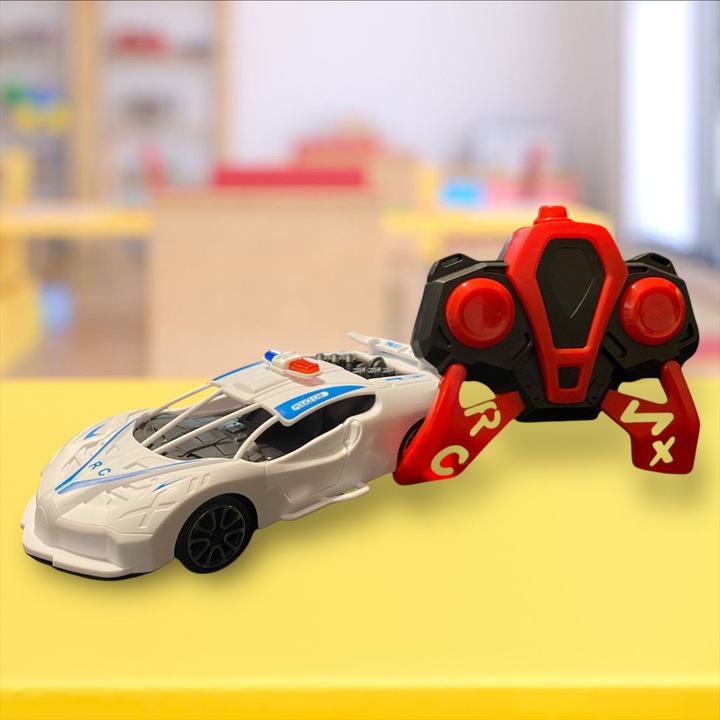 Masina de Politie RC, Prototip, 4 Functii Active, Deschidere Usi, Functioneaza cu 5 Baterii AA 1, 5v Incluse, Design Modern, Materiare Rezistente, +3 Ani, Alb