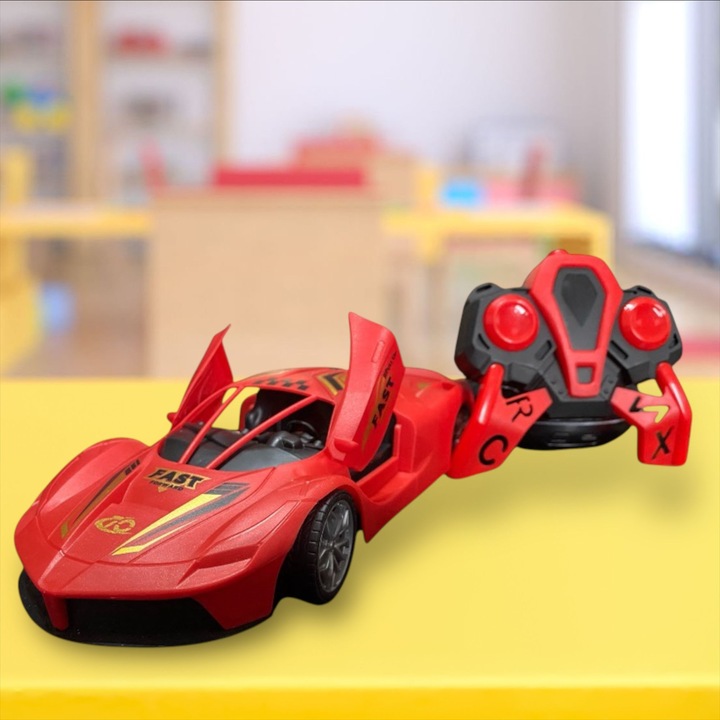 Masina cu Telecomanda Radio-Control, 4 Functii Active, Usi cu Deschidere Verticala, Scara 1:16, Design Modern, Materiale de Calitate, Acumulator si 2 x Baterii AA 1, 5v Incluse, +3 Ani, Rosu