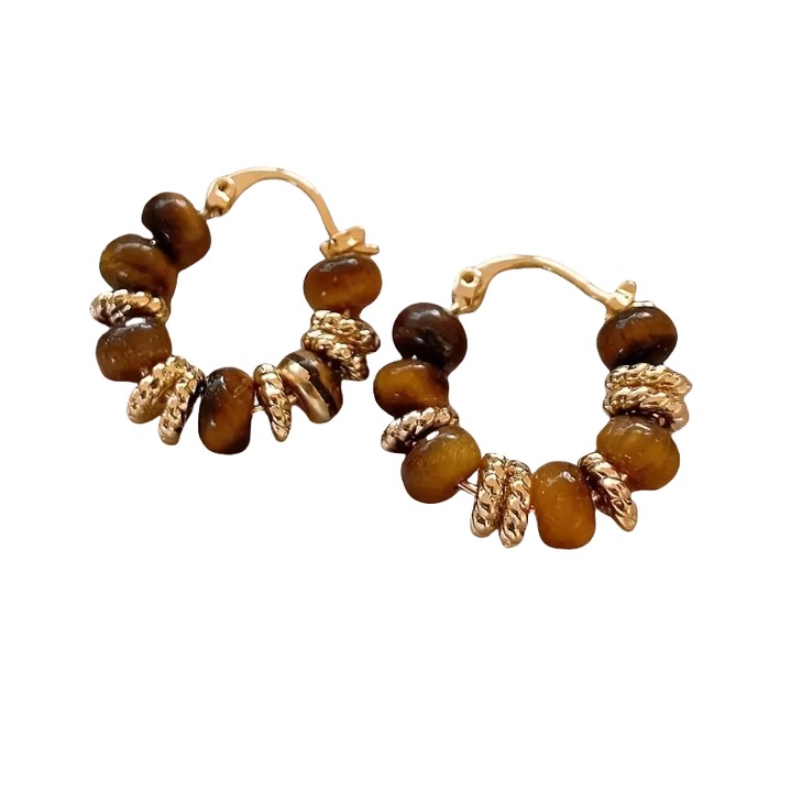 Дамски кръгли обеци с камък тигрово око, златист, 2х2.3см