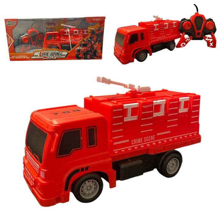 Masina de Pompieri, Autospeciala cu Tun de Apa Rotativ Manual, 4 Functii Active, Stimuleaza Imaginatia, din Materiale Durabile, Scara 1:20, 5x Baterii AA 1.5V Incluse, pentru Copii +8 Ani, Rosu