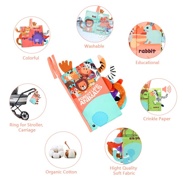 Carte moale pentru bebelusi, jucarie interactiva, 3D, animale, multicolor, 0-2 ani