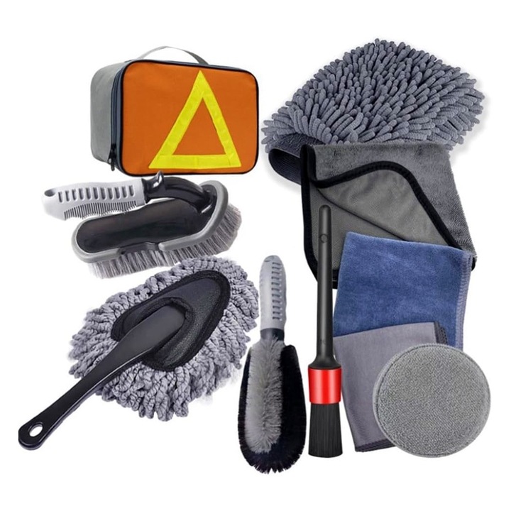 Комплект от 10 четки за автомивка, ОПТИМАЛНО РЕШЕНИЕ, Грижа, Почистване на автомобил, Четка за гуми, Четка за джанти, Прах, Ръкавица, 3 х кърпи, Гъба, Плътни четки, Не драска повърхности, Професионални аксесоари, Детайли за кола, Сиво