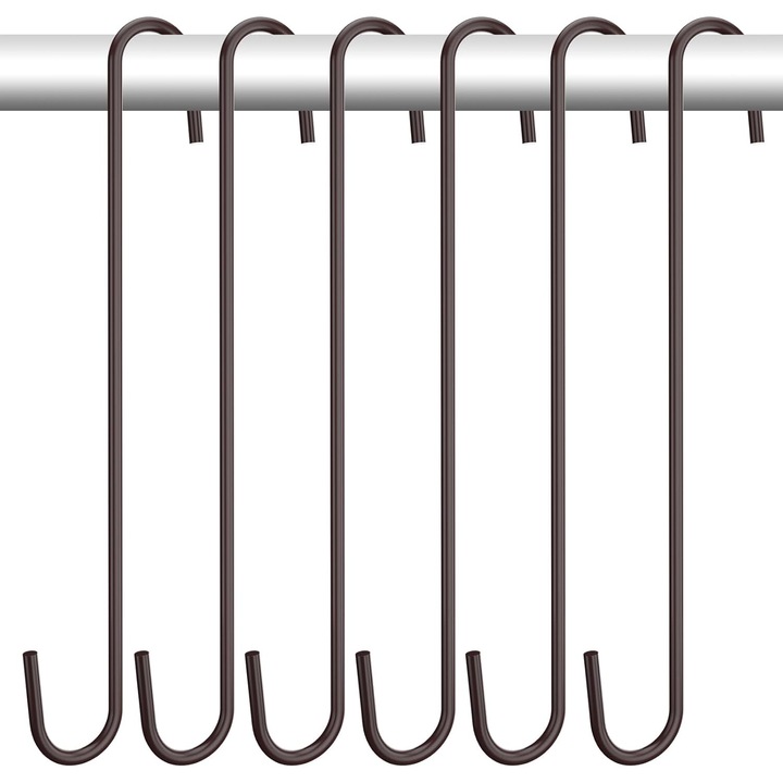 Set 6 carlige S mari, metal rezistent, pentru agatat plante, unelte de gradina, custi pentru pasari, negru, dimensiune 30x5 cm