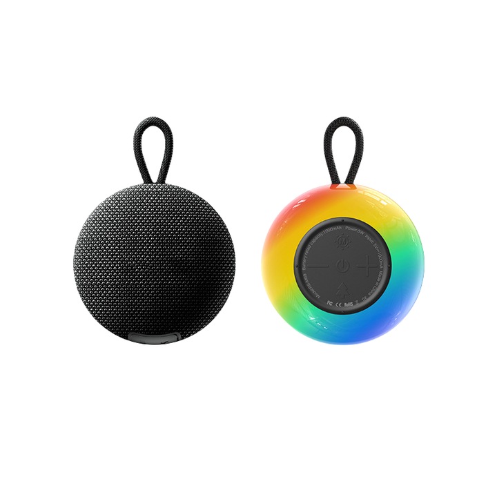 Difuzor Bluetooth portabil fara fir, lumini RGB pentru sport in aer liber, apelare fara maini HD, port Type-C, snur, IP6X rezistent la apa, 103X103X53mm, negru