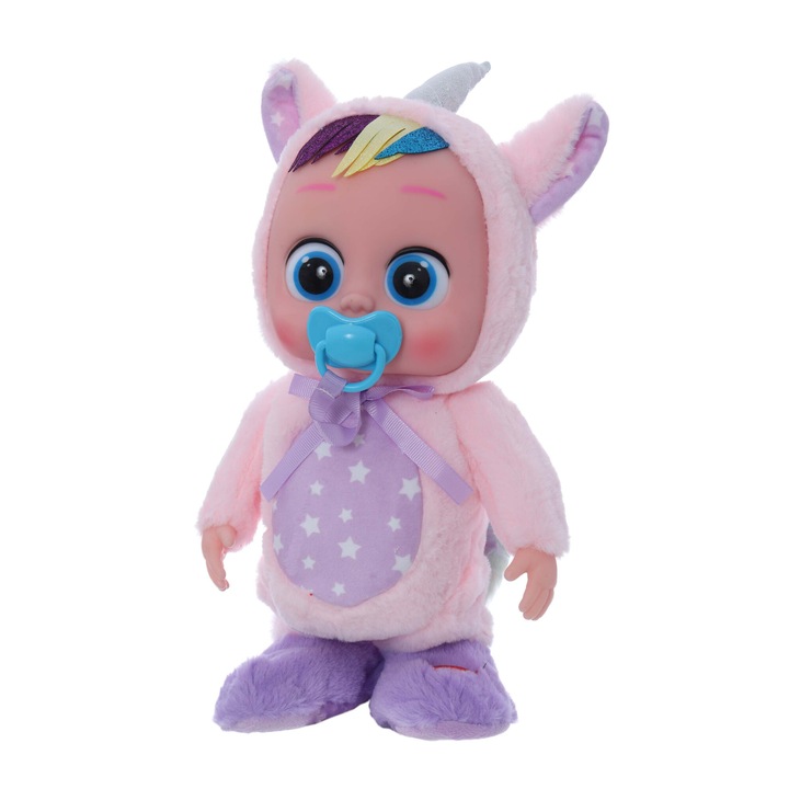 Bebelus interactiv cu suzeta si costum unicorn, plange, merge si canta, dimensiune 32 cm, REC2990