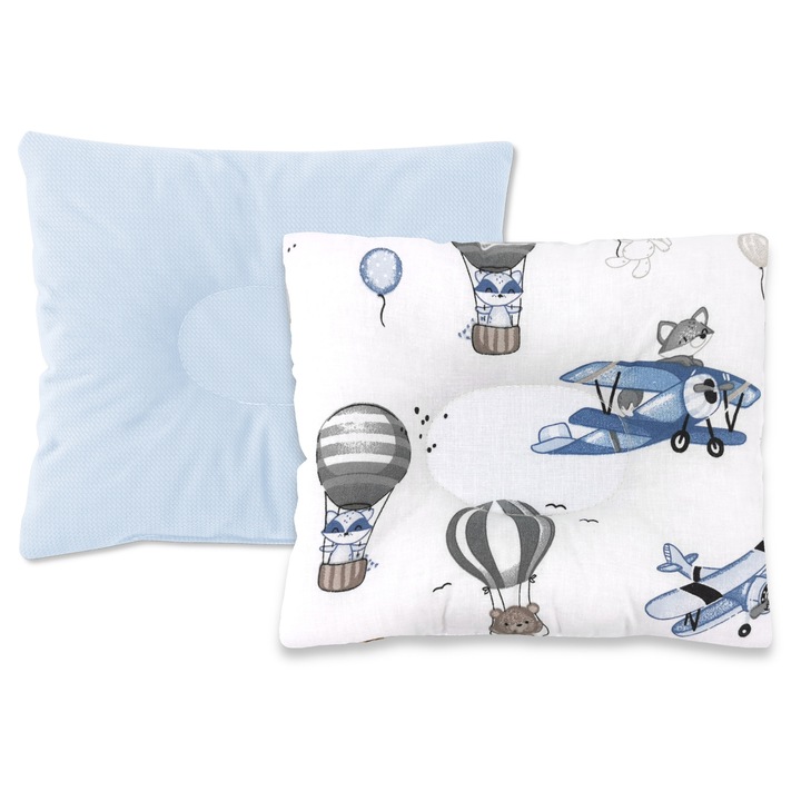 Perna bebelus, MimiNu, Profilata, Cu doua fete, Cu functie anti-soc, Pufoasa, Din catifea si bumbac, Materiale certificate Oeko Tex Standard 100, 23x26 cm, Blue Plane