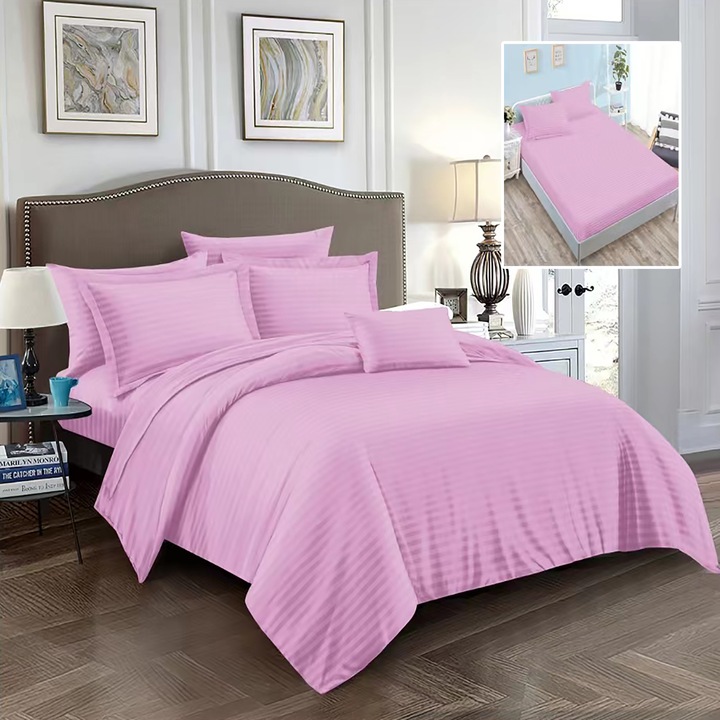 Двуспално спално бельо 6 части Damascus Polycotton, с калъф за матрак 160x200 или 180x200 см, юрган 200x230 см, калъфки за възглавници 50x70 см и 70x70 см, райе 1 см Люляк (6DPH7)