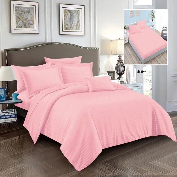 Спално бельо, двойно, 6 части, Damascus Polycotton, чаршаф 160x200 или 180x200 см, плик 200x230 см, калъфки за възглавници 50x70 см и 70x70 см, райе 1 см Powder Pink (6DPH10)