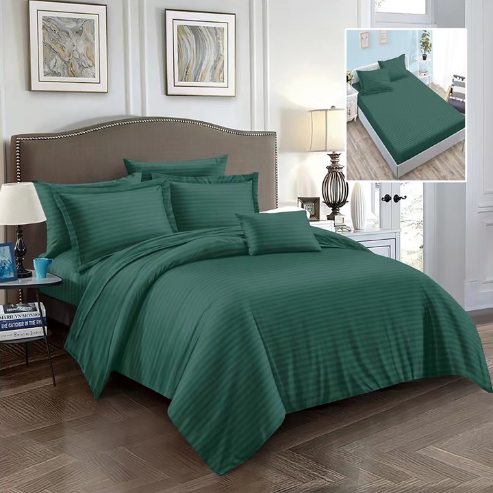 Двойно спално бельо 6 бр. Damascus Polycotton, с калъф за матрак 160x200 или 180x200 см, юрган 200x230 см, калъфки за възглавници 50x70 см и 70x70 см, райе 1 см Зелено (6DPH6)