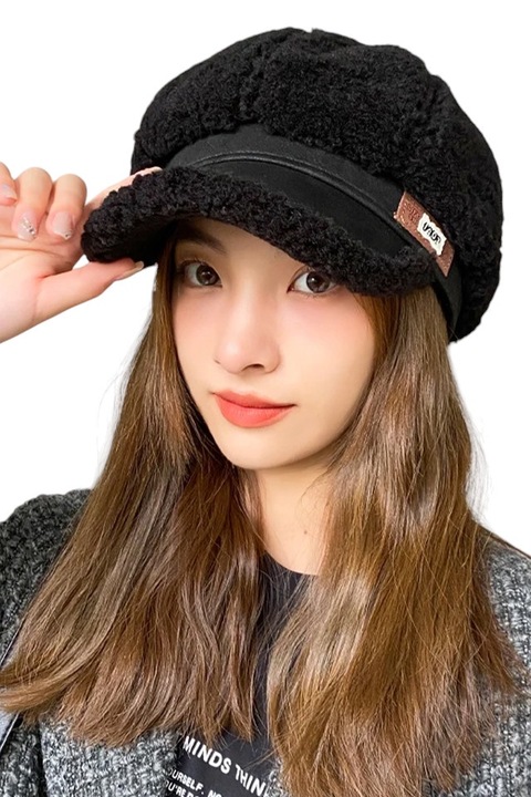 Дамска шапка, пухкав модел с козирка, удобна, британски стил, универсален размер, черна, EFAYN