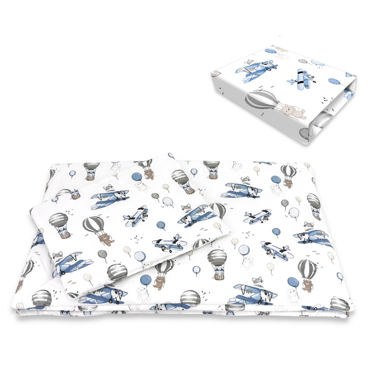 Lenjerie patut cu 3 piese, MimiNu, Cu cearceaf 120x60 cm, Pilota, Pernuta, Din bumbac certificat Oeko Tex Standard 100, Blue Plane