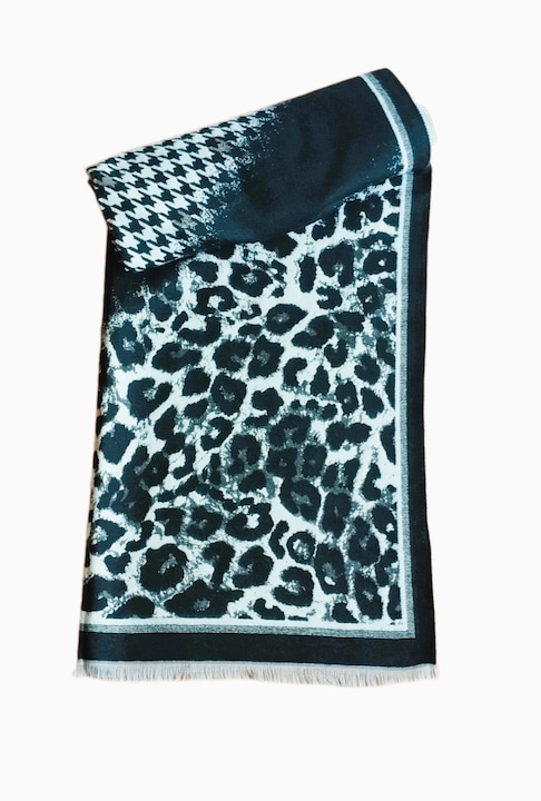 Черен шал от вискоза с кремаво, леопардов принт и пъстър дю кок, 195 x 65 см