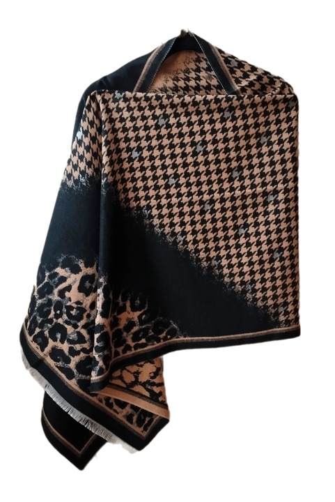 Sal din vascoza negru cu bej, print leopard si pied du coq, 195 x 65 cm