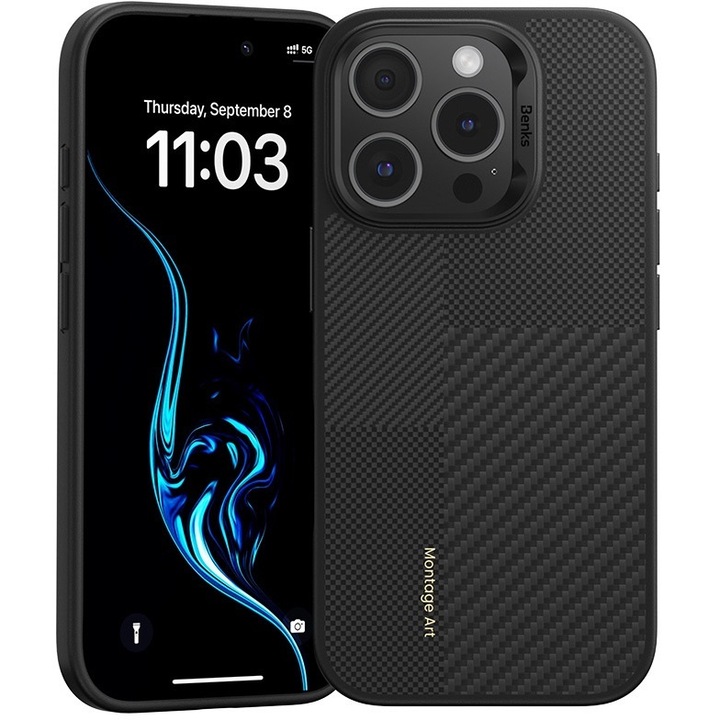 Husa pentru iPhone 16 Pro Max, Benks, Kevlar, Negru, compatibil cu MagSafe