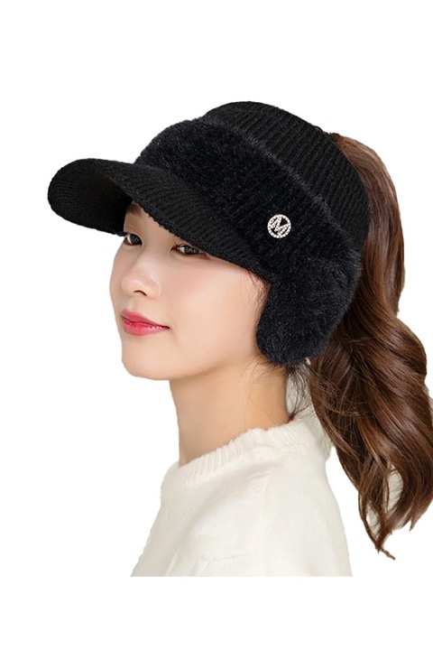 Sapca dama, cozoroc curbat si protectie pentru urechi, model cu deschizatura in partea de sus, tematica urban style, marime universala, neagra, EFAYN