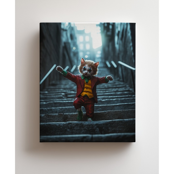 Tablou cu video canvas Pisica Joker - Canvas interactiv Infinipic, arta ironica si colorata, 30x40 cm, decor original pentru o atmosfera jucausa si vesela