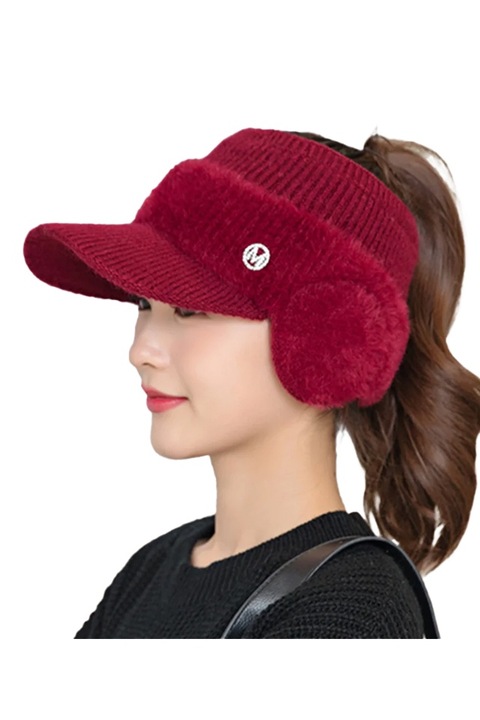 Sapca dama, cozoroc curbat si protectie pentru urechi, model cu deschizatura in partea de sus, tematica urban style, marime universala, visinie, EFAYN