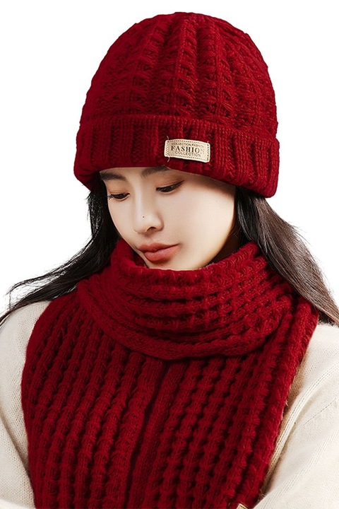 Caciula dama, set doua piese, model clasic minimalist, fular tip esarfa asortat, tematica warm and cozy winter, marime universala, visiniu, EFAYN