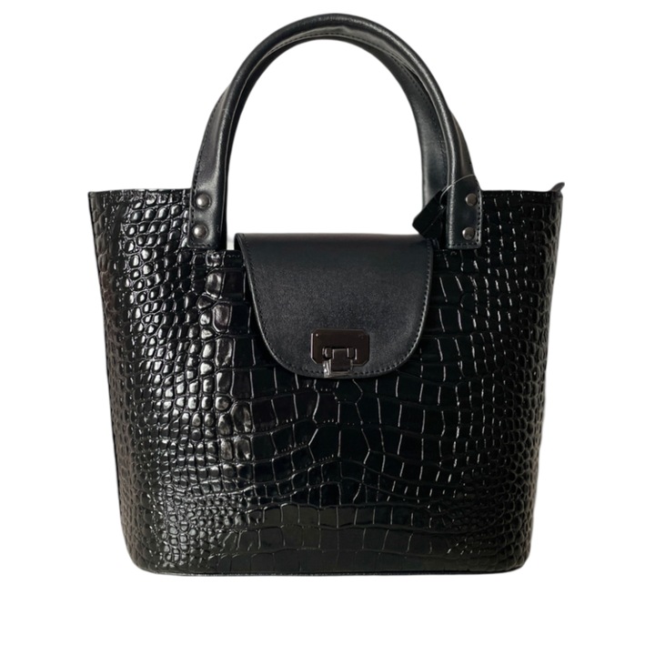 Geanta Dama, Office, CraftG, Lucrata Manual, Neagra, Piele Naturala Tip Croco, 2 Manere