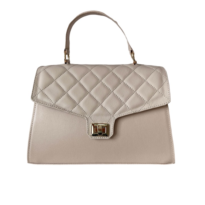 Дамска чанта, ежедневна, Craft G, бежова, ръчно изработена, ватирана кожа, закопчалка, 1 фиксирана дръжка