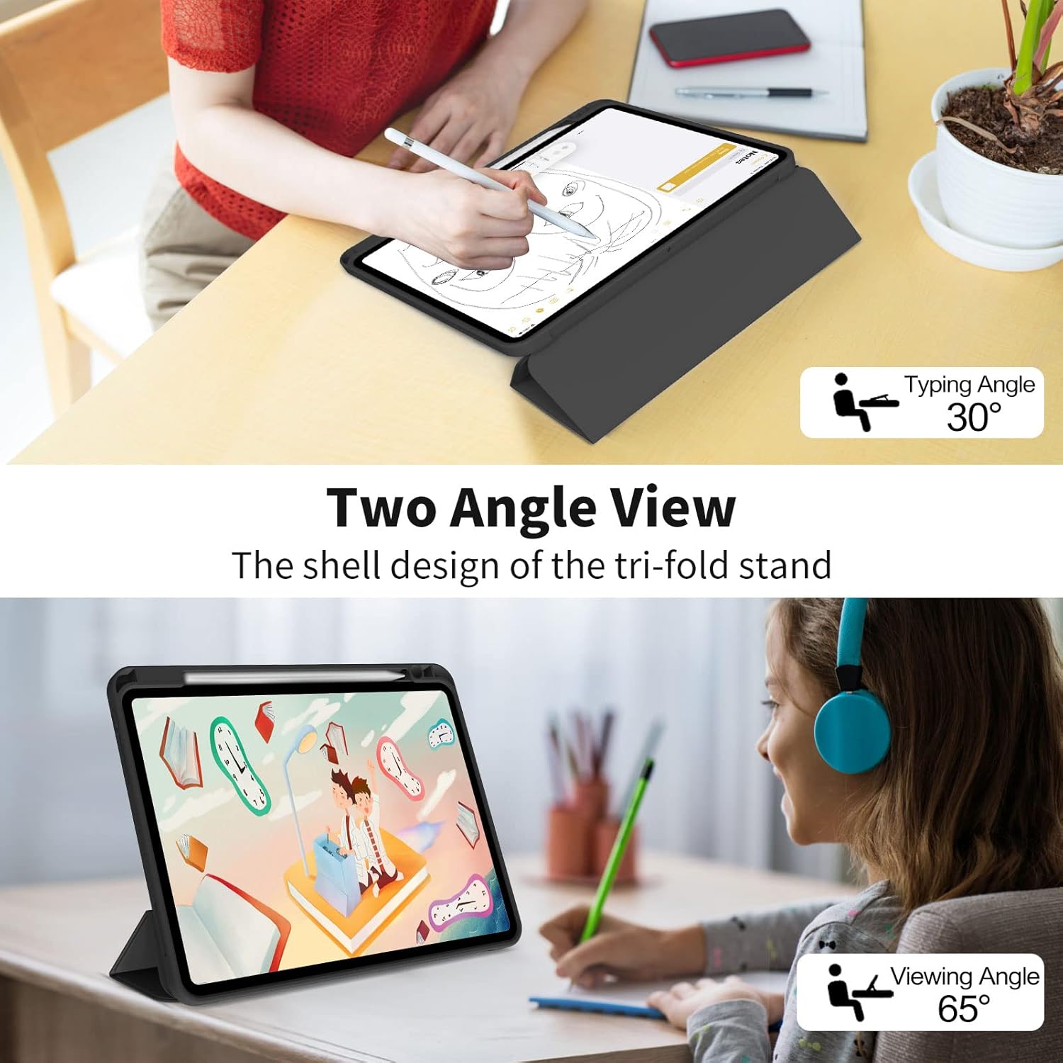 Husa de protectie pentru tableta, potrivita pentru Air 13 inch (2024)/Pro 12.9 (2018/2020/2021/2022 3/4/5/6 generatii), cu tava pentru stilouri, trezire/dormire automata, Negru