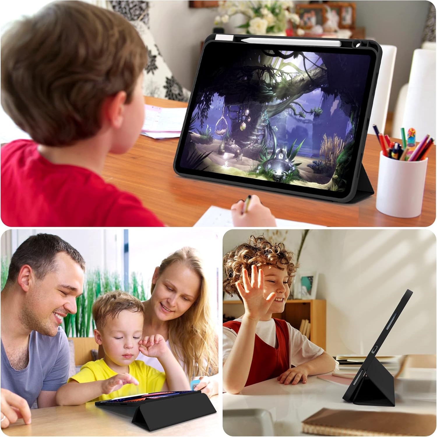 Husa de protectie pentru tableta, potrivita pentru Air 13 inch (2024)/Pro 12.9 (2018/2020/2021/2022 3/4/5/6 generatii), cu tava pentru stilouri, trezire/dormire automata, Negru