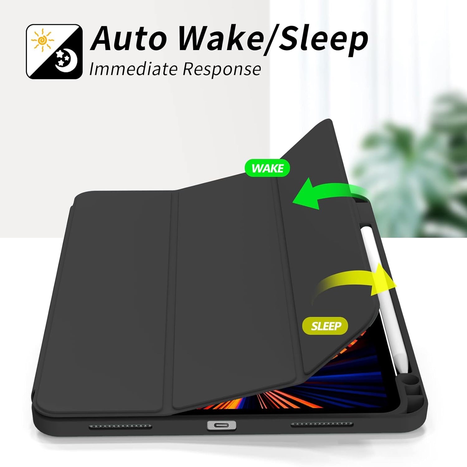 Husa de protectie pentru tableta, potrivita pentru Air 13 inch (2024)/Pro 12.9 (2018/2020/2021/2022 3/4/5/6 generatii), cu tava pentru stilouri, trezire/dormire automata, Negru