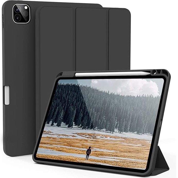Husa de protectie pentru tableta, potrivita pentru Air 13 inch (2024)/Pro 12.9 (2018/2020/2021/2022 3/4/5/6 generatii), cu tava pentru stilouri, trezire/dormire automata, Negru
