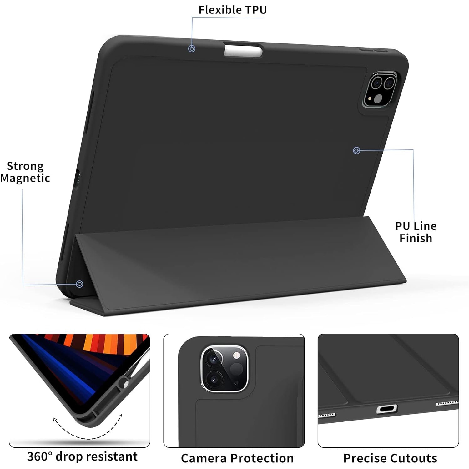 Husa de protectie pentru tableta, potrivita pentru Air 13 inch (2024)/Pro 12.9 (2018/2020/2021/2022 3/4/5/6 generatii), cu tava pentru stilouri, trezire/dormire automata, Negru