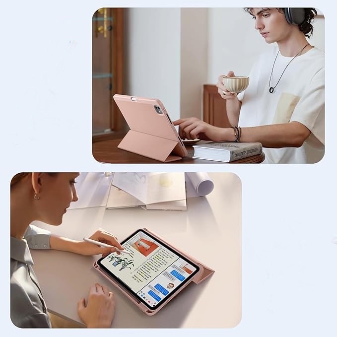 Husa de protectie pentru tableta, potrivita pentru Air 13-inch (2024)/Pro 12, 9-inch (2018/2020/2021/2022 3/4/5/6 generatii), cu tava pentru stilouri, trezire/dormire automata, Roz