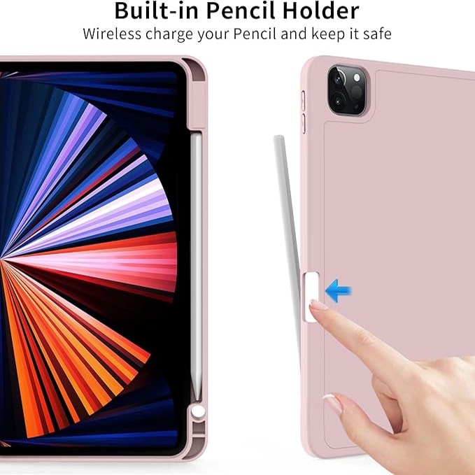 Husa de protectie pentru tableta, potrivita pentru Air 13-inch (2024)/Pro 12, 9-inch (2018/2020/2021/2022 3/4/5/6 generatii), cu tava pentru stilouri, trezire/dormire automata, Roz